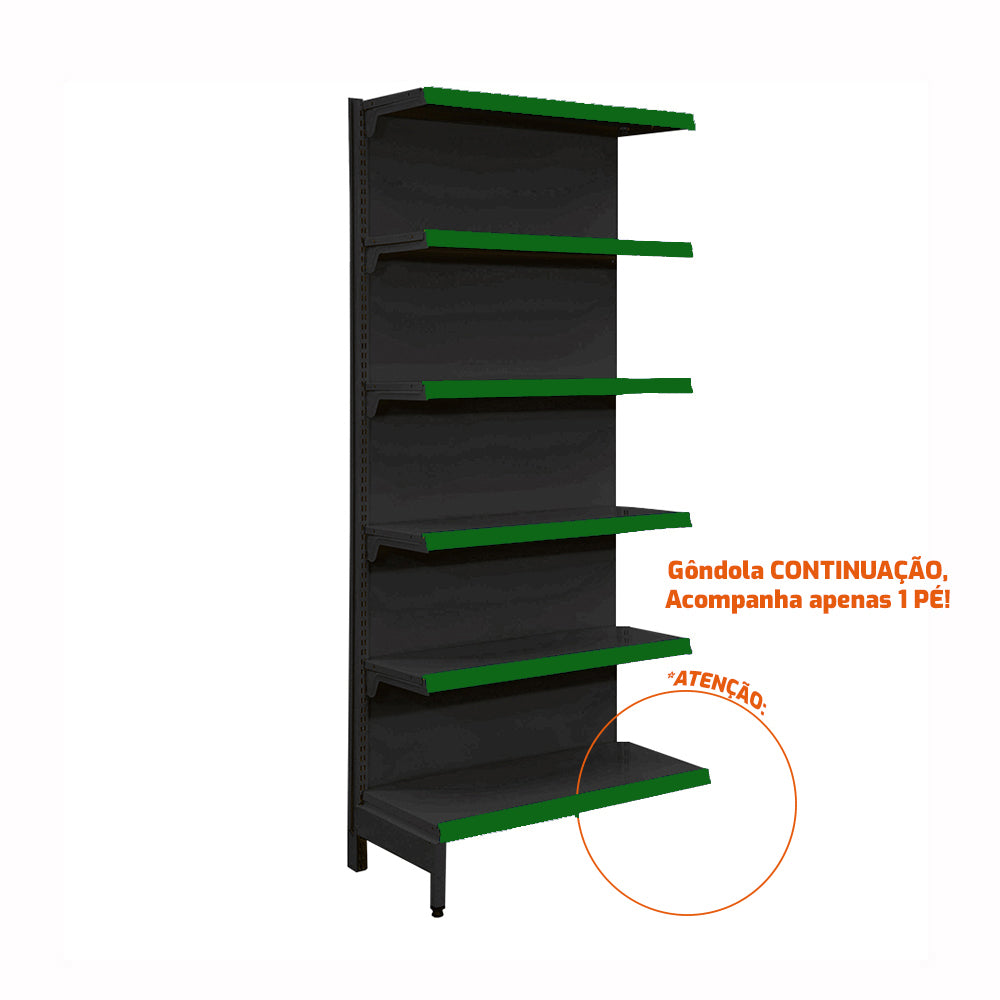 Gôndola Prateleira Preta New Plus 2,00 Parede Continuação GPC - Sa Gôndolas Porta Etiquetas Verde