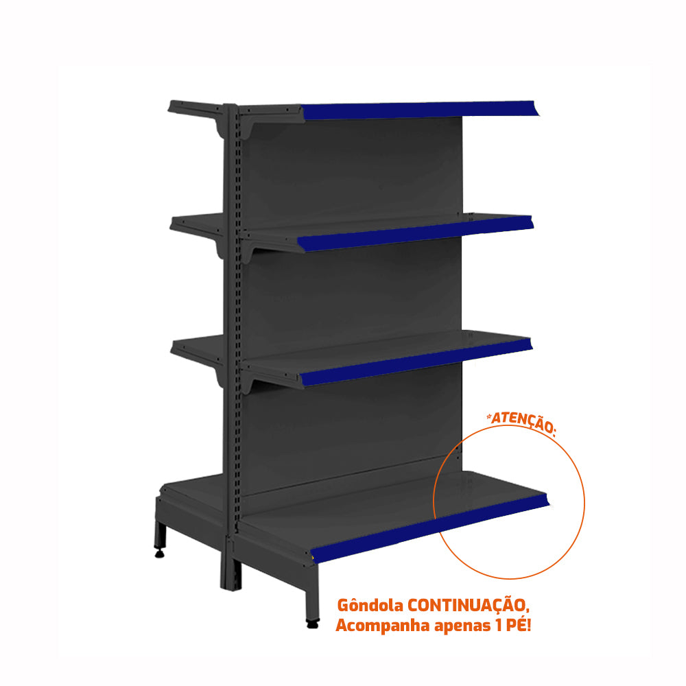 Gôndola Prateleira Preta New Plus 1,40 Central Continuação GCC - Sa Gôndolas Porta Etiquetas Azul