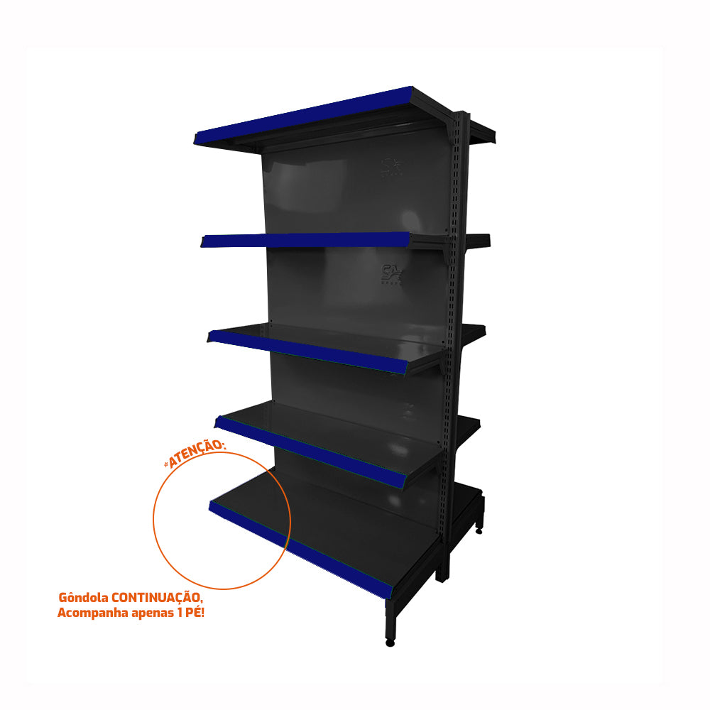 Gôndola Prateleira Preta New Plus 1,70 Central Continuação GCC - Sa Gôndolas Porta Etiquetas Azul