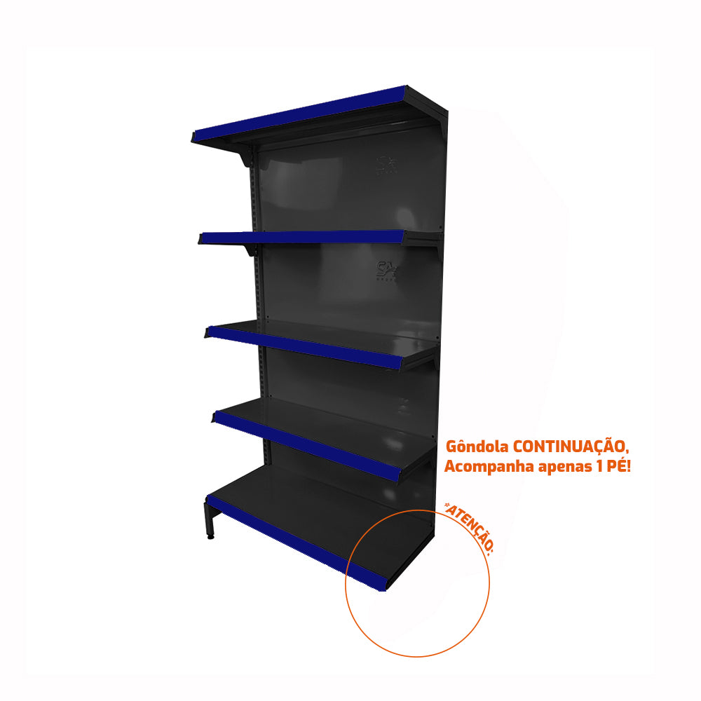 Gôndola Prateleira Preta New Plus 1,70 Parede Continuação GPC - Sa Gôndolas Porta Etiquetas Azul