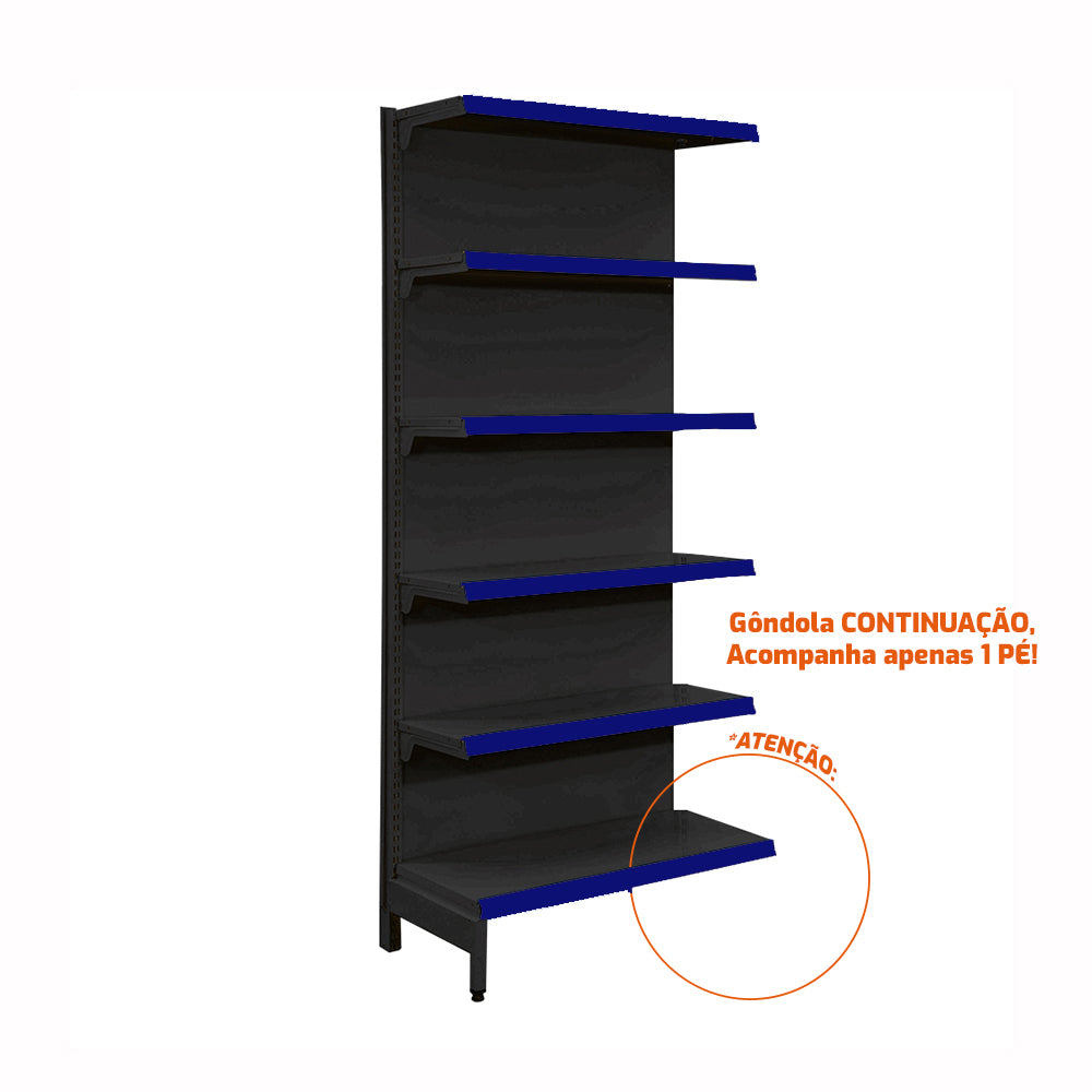 Gôndola Prateleira Preta New Plus 2,00 Parede Continuação GPC - Sa Gôndolas Porta Etiquetas Azul