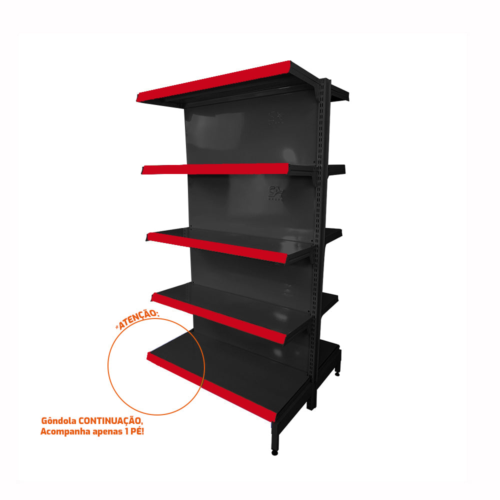 Gôndola Prateleira Preta New Plus 1,70 Central Continuação GCC - Sa Gôndolas Porta Etiquetas Vermelho