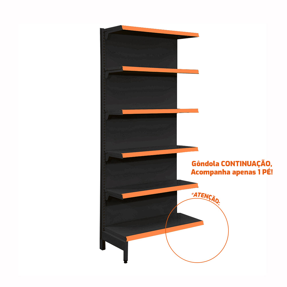 Gôndola Prateleira Preta New Plus 2,00 Parede Continuação GPC - Sa Gôndolas Porta Etiquetas Laranja