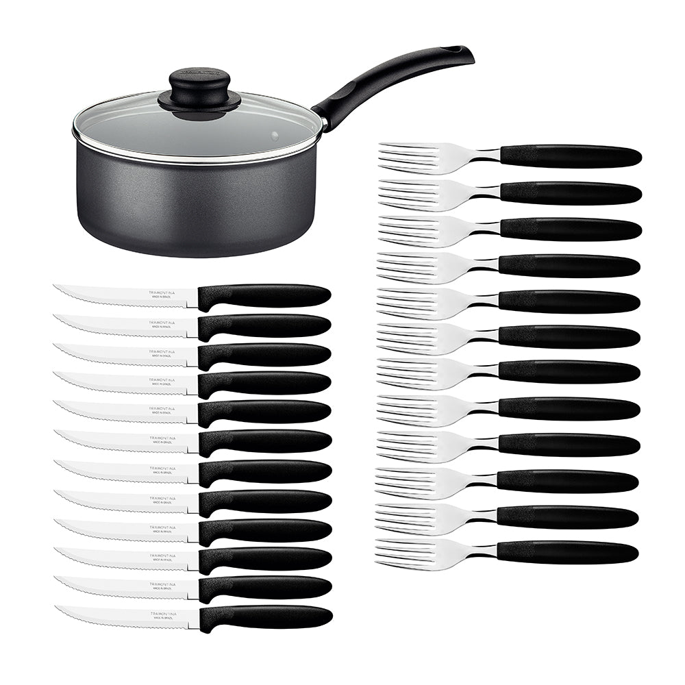Panela Turim Alumínio Chumbo Antiaderente 1,4l + Cojunto de Garfo e Faca Ipanema 24pc - Tramontina