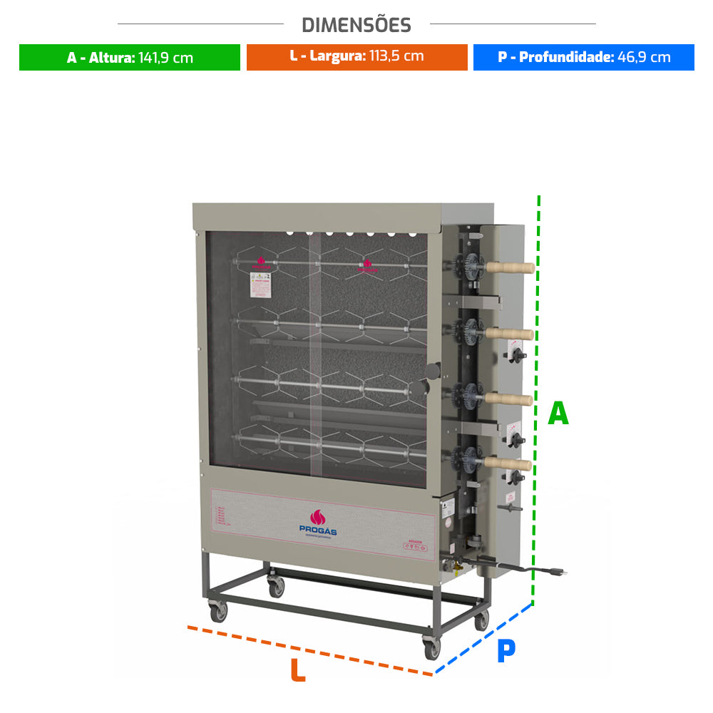 Assador de Frango Rotativo Profissional a Gás 4 Espetos Tubular PR-623 Bivolt – Progás