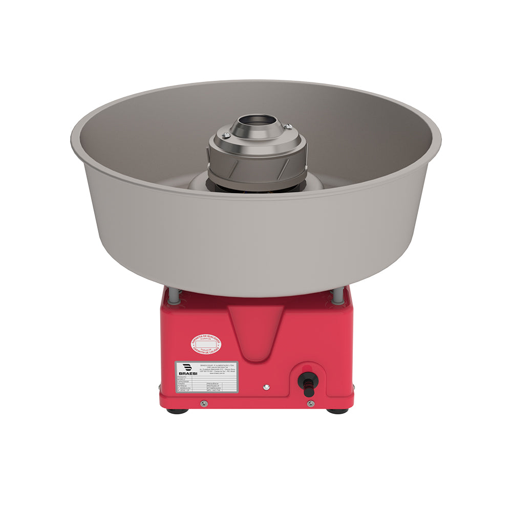 Máquina de algodão doce profissional Braesi ADB-02 G2 em uso, com algodões-doces prontos, destacando a alta produção e o apelo visual em festas.