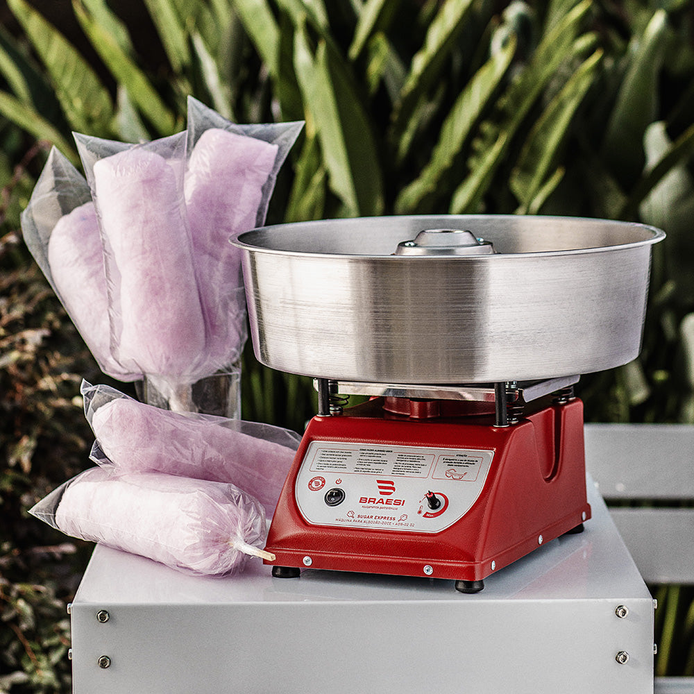 Máquina para algodão doce Braesi ADB-02 G2 com bacia de 50 cm removível, ideal para produção de até 150 unidades por hora em eventos.