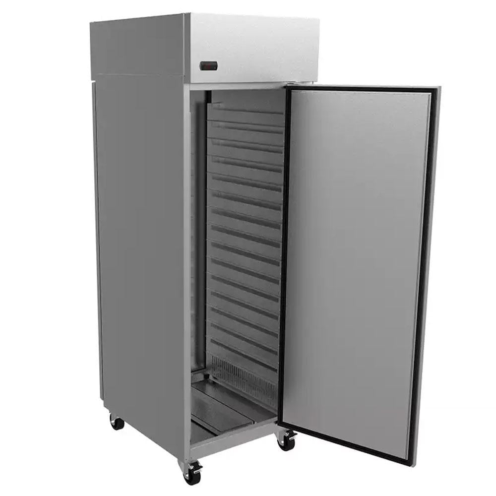 Armário de crescimento Venâncio VAF20T INOX 220V aberto, mostrando o interior espaçoso e os suportes para 20 esteiras, facilitando o acesso e a organização das massas.