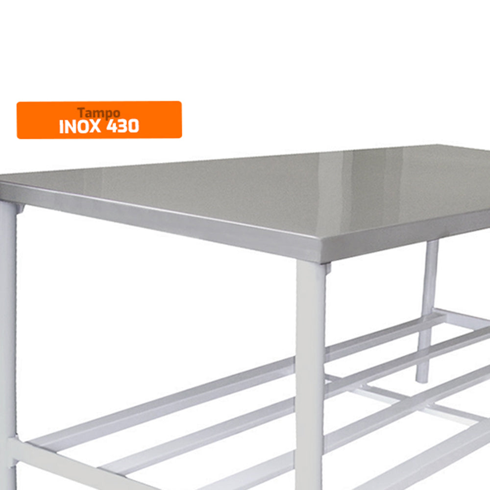 Tampo superior em inox 430 escovado 1mm da Mesa Ba 1400/900 Metalcubas, ideal para preparo de alimentos