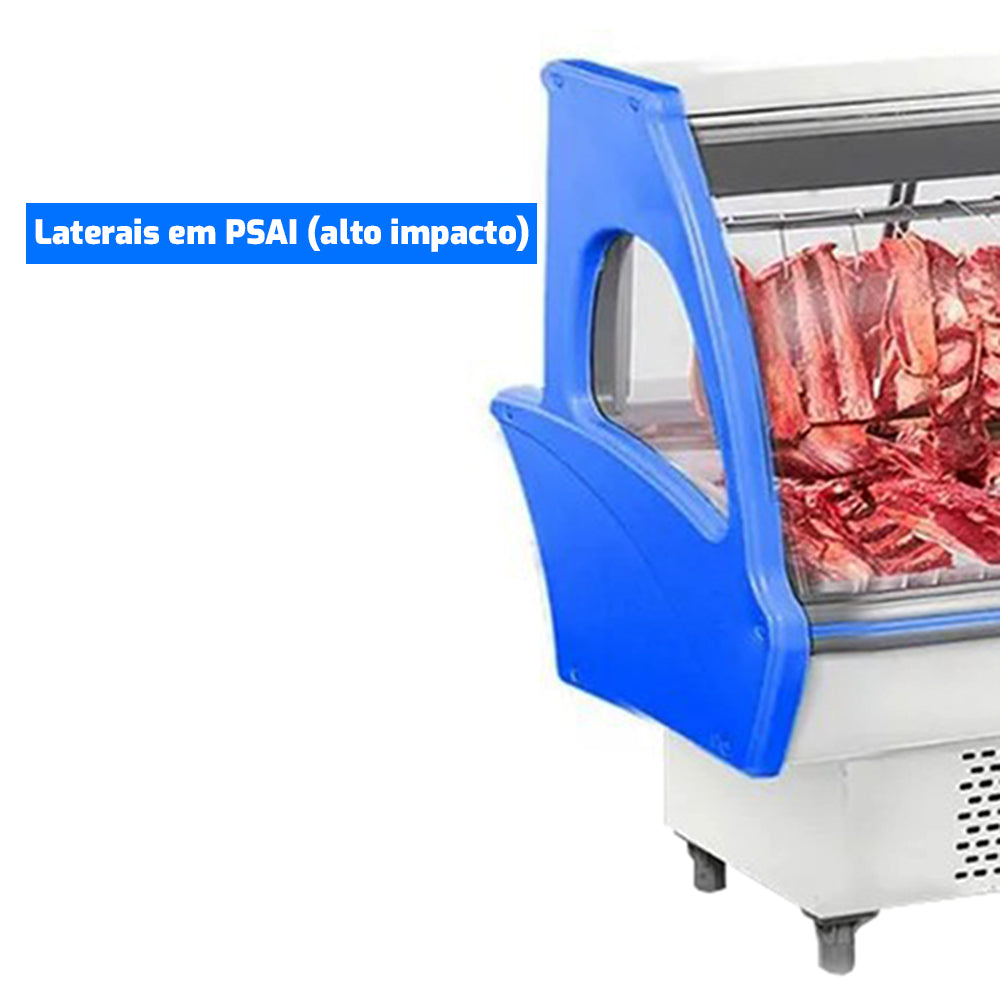 Imagem da Câmara Expositora Gancheira EAP 1500 da Refrimate, destacando o design azul e a organização interna para carnes.