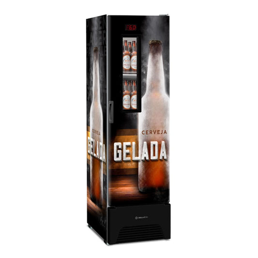 Cervejeira Expositor Metalfrio VN28FP com porta de vidro e iluminação LED interna destacando bebidas.