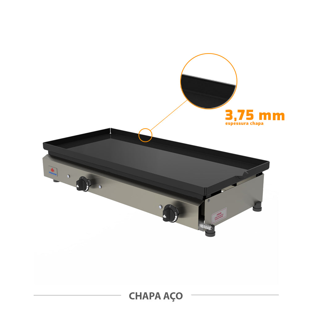 Detalhe da chapa de aço carbono de 3,75mm da Chapa Lanche a Gás Progás PR-750 G Inox.