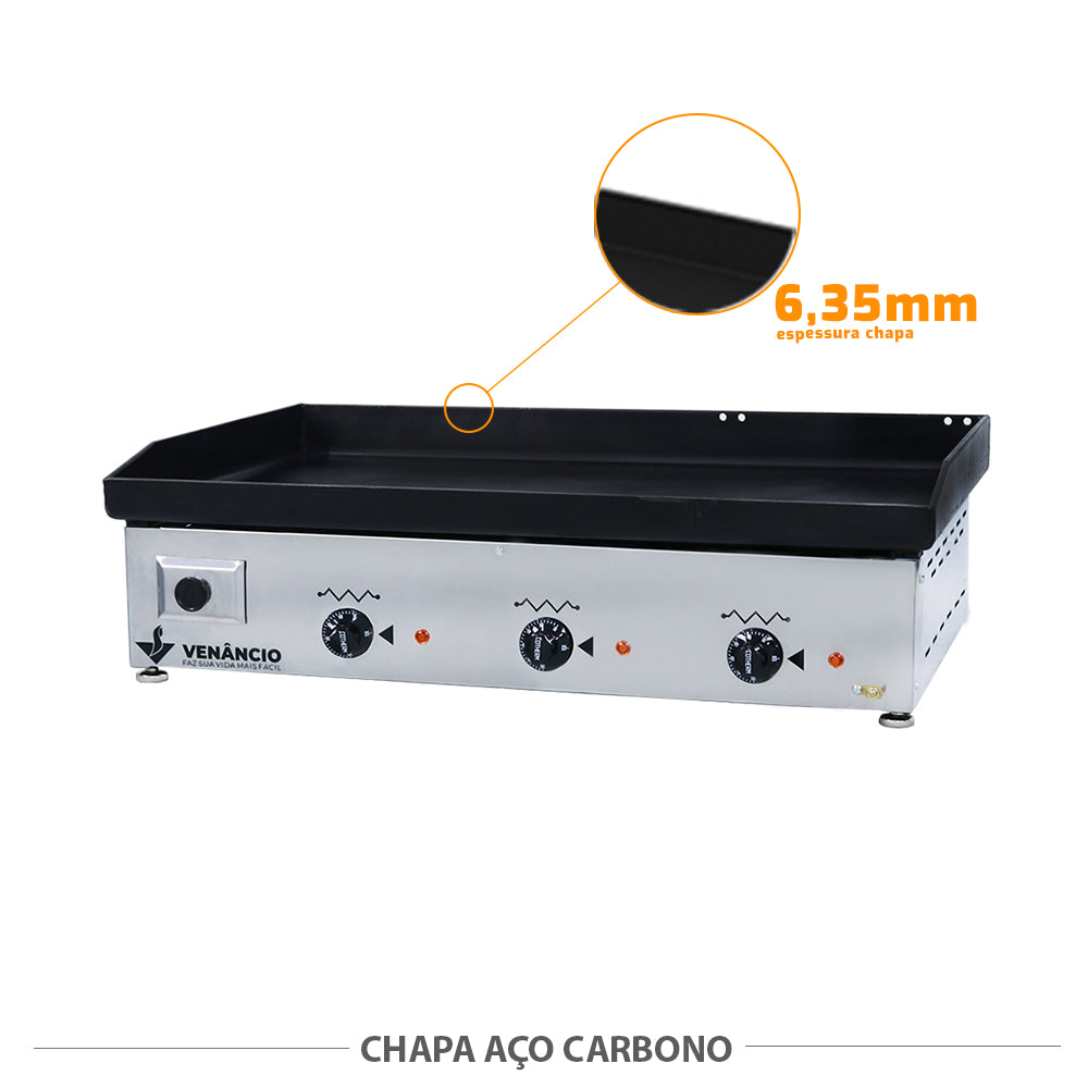 Detalhe da chapa de aço carbono de 6,35mm da Chapa Bifeteira Venâncio CE80 220V.