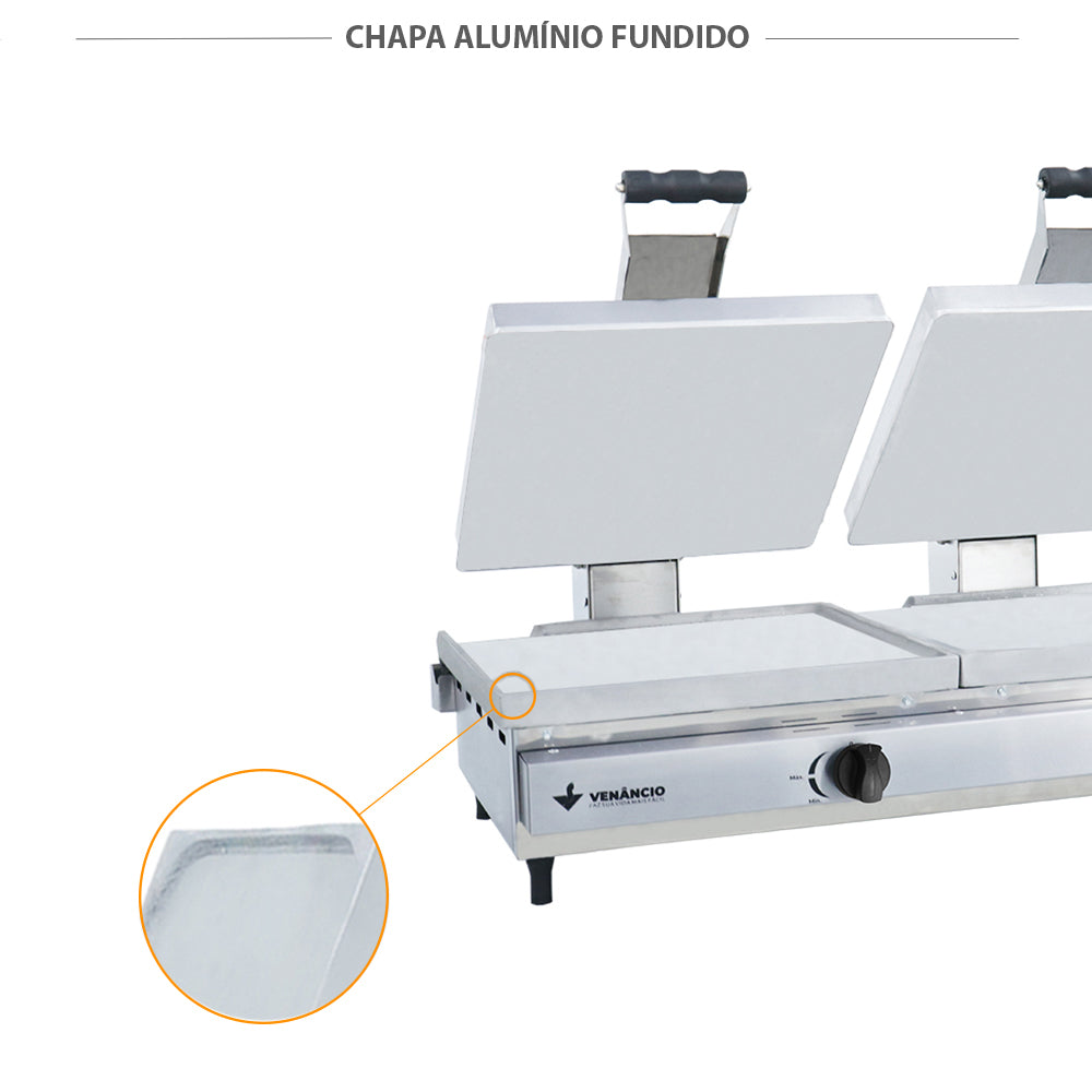 Chapa de alumínio fundido da sanduicheira Venâncio SCG90A2P, proporcionando aquecimento rápido e uniforme para lanches