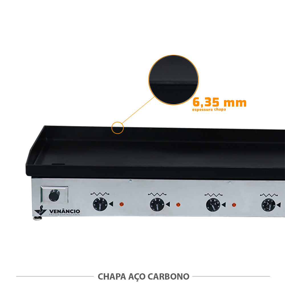 Chapa de aço carbono 6-35mm da bifeteira Venâncio CE140, ideal para alta performance em cozinhas profissionais