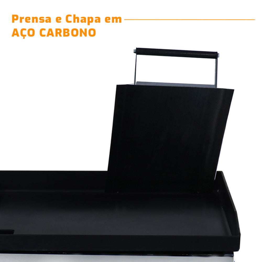 Chapa prensa Venâncio CE65P detalhes: coletor de resíduos, painel em aço inox 