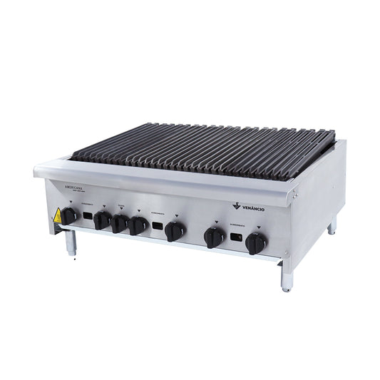 Chapa charbroiler a gás Venâncio CGG90 de 91cm em inox com grelhas de ferro fundido para restaurantes e hotéis de alto volume