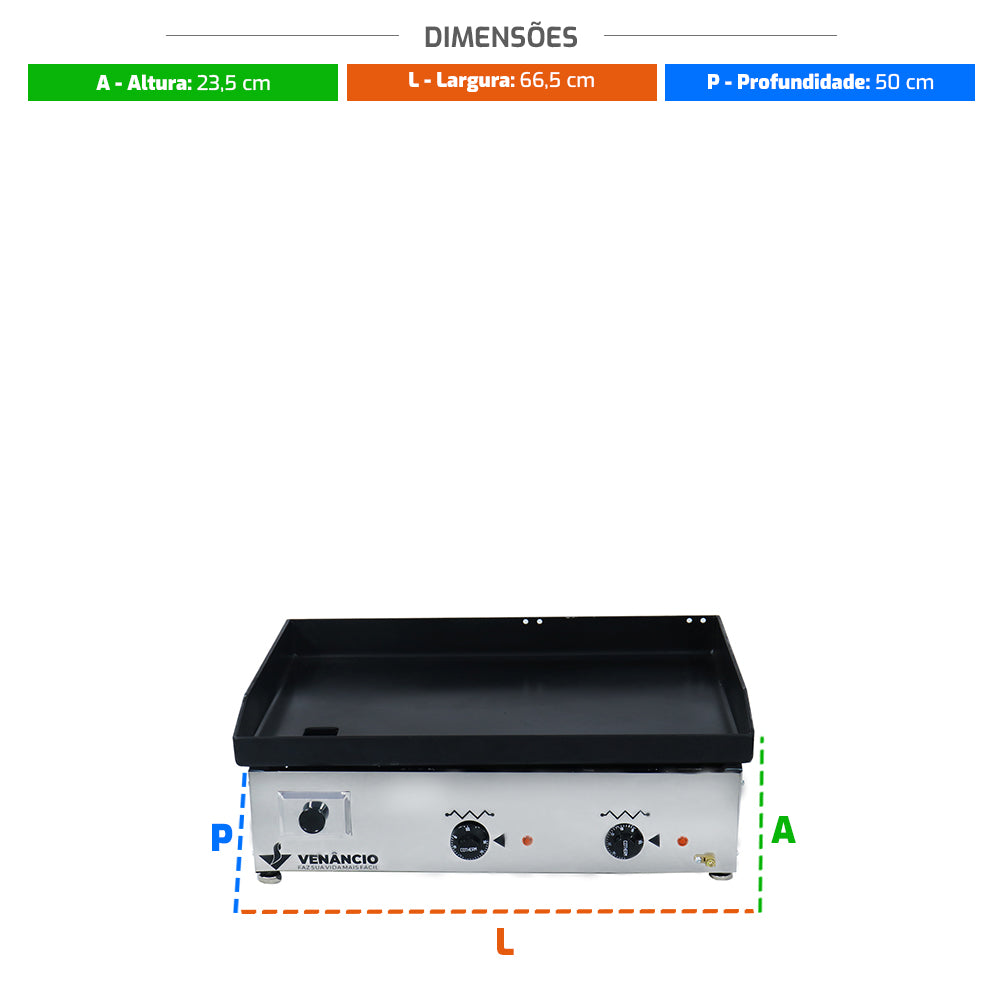 Dimensões da chapa bifeteira sanduicheira Venâncio CE65 220V, ideal para cozinha profissional.