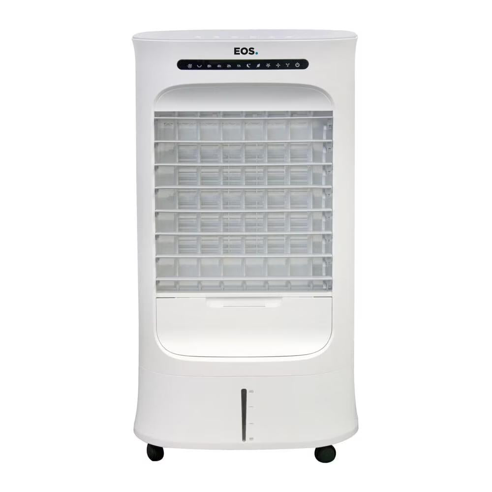 Painel de controle digital do climatizador de ar EOS Artic Fresh 10L ECL100D, com funções de ventilação, umidificação, filtragem e resfriamento, controle de velocidade e timer.