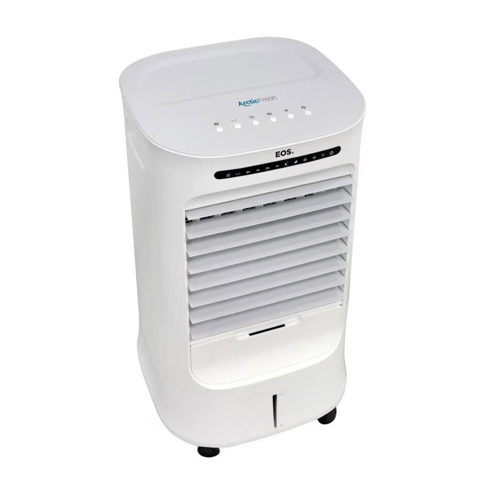 Visão superior do climatizador de ar EOS Artic Fresh 10L, destacando a saída de ar com oscilação vertical e horizontal e design compacto para uso em casas e escritórios.