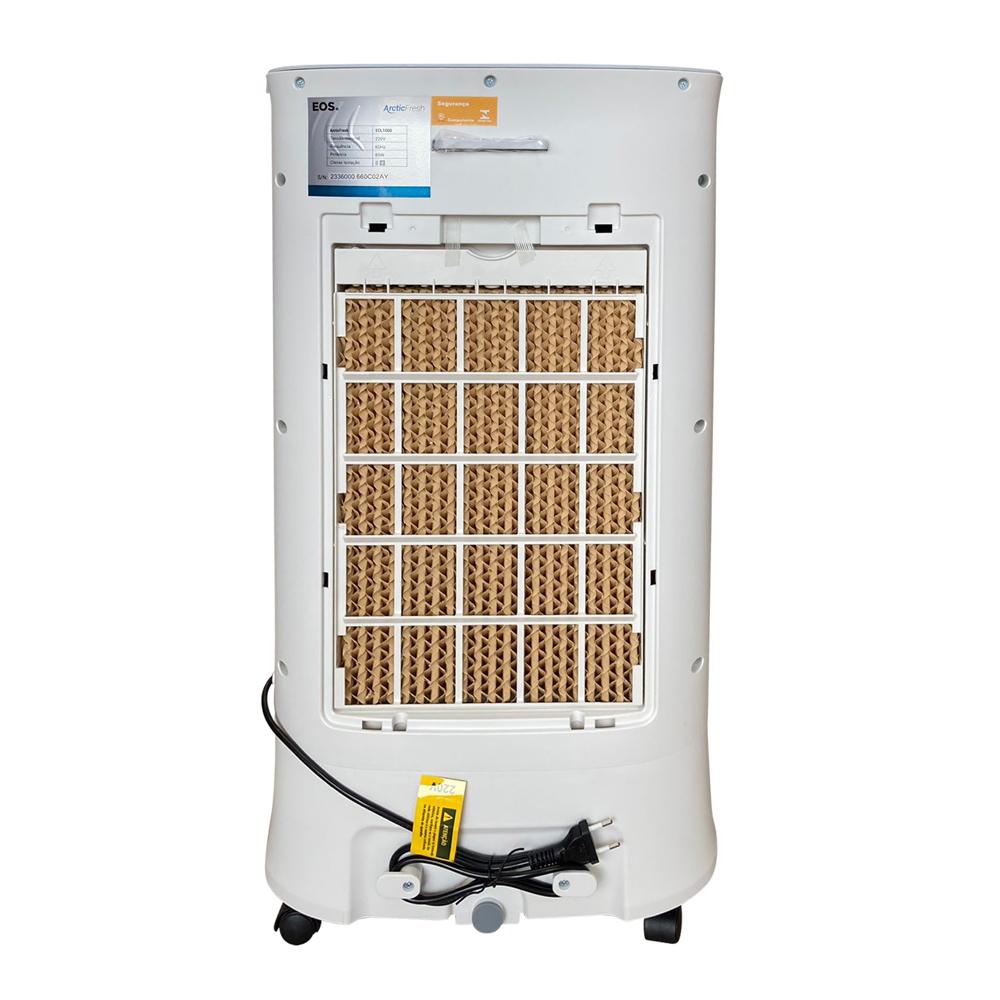 Parte traseira do climatizador de ar EOS Artic Fresh 10L ECL100D, exibindo a entrada de ar, local do filtro e a facilidade de acesso para manutenção.