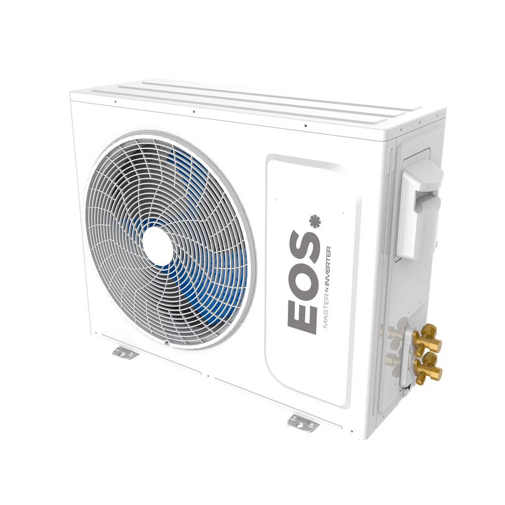 Condensadora externa do Ar-condicionado Split EOS Master Inverter 18000 BTUs, destacando sua tecnologia Inverter e o gás R32 para máxima eficiência energética.