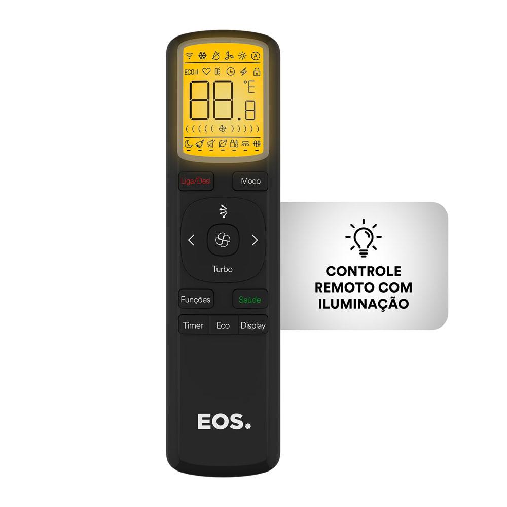 Controle remoto iluminado do Ar-condicionado Split EOS Master Inverter 12000 BTUs, com funções Sleep, Desumidificação, Modos Quente/Frio/Ventilação e Econômico.
