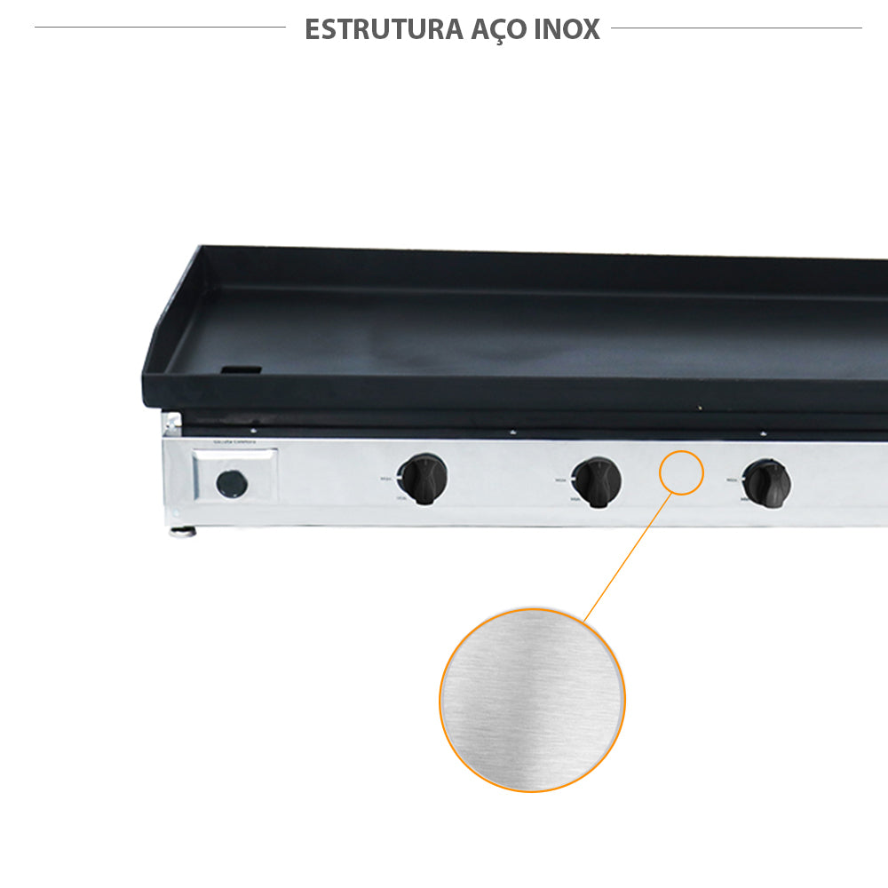 Corpo em aço inox da chapa bifeteira Venâncio C140 a gás, facilitando a limpeza e aumentando a resistência