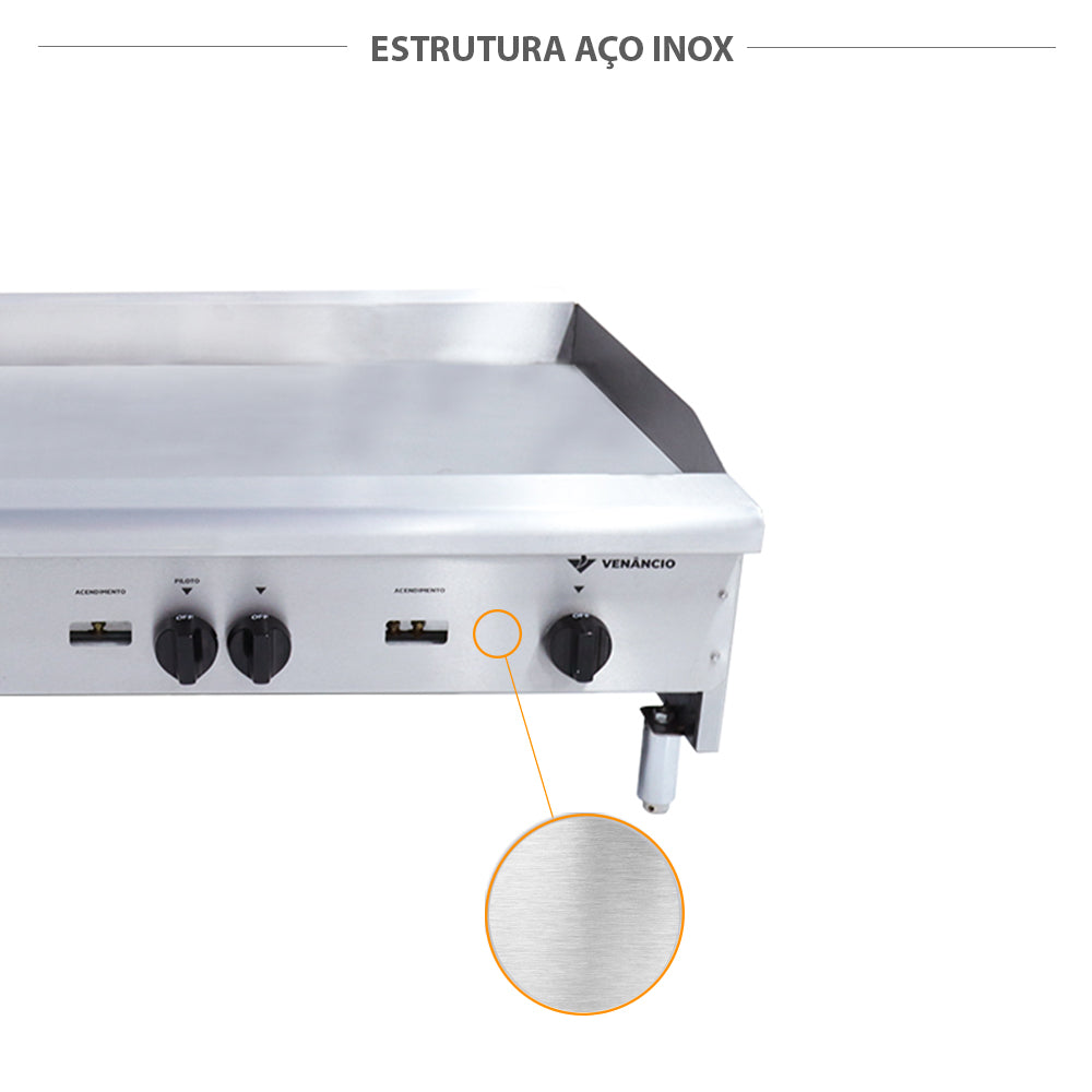 Corpo em aço inox da chapa bifeteira a gás Venâncio 120cm CG120, durabilidade e higiene