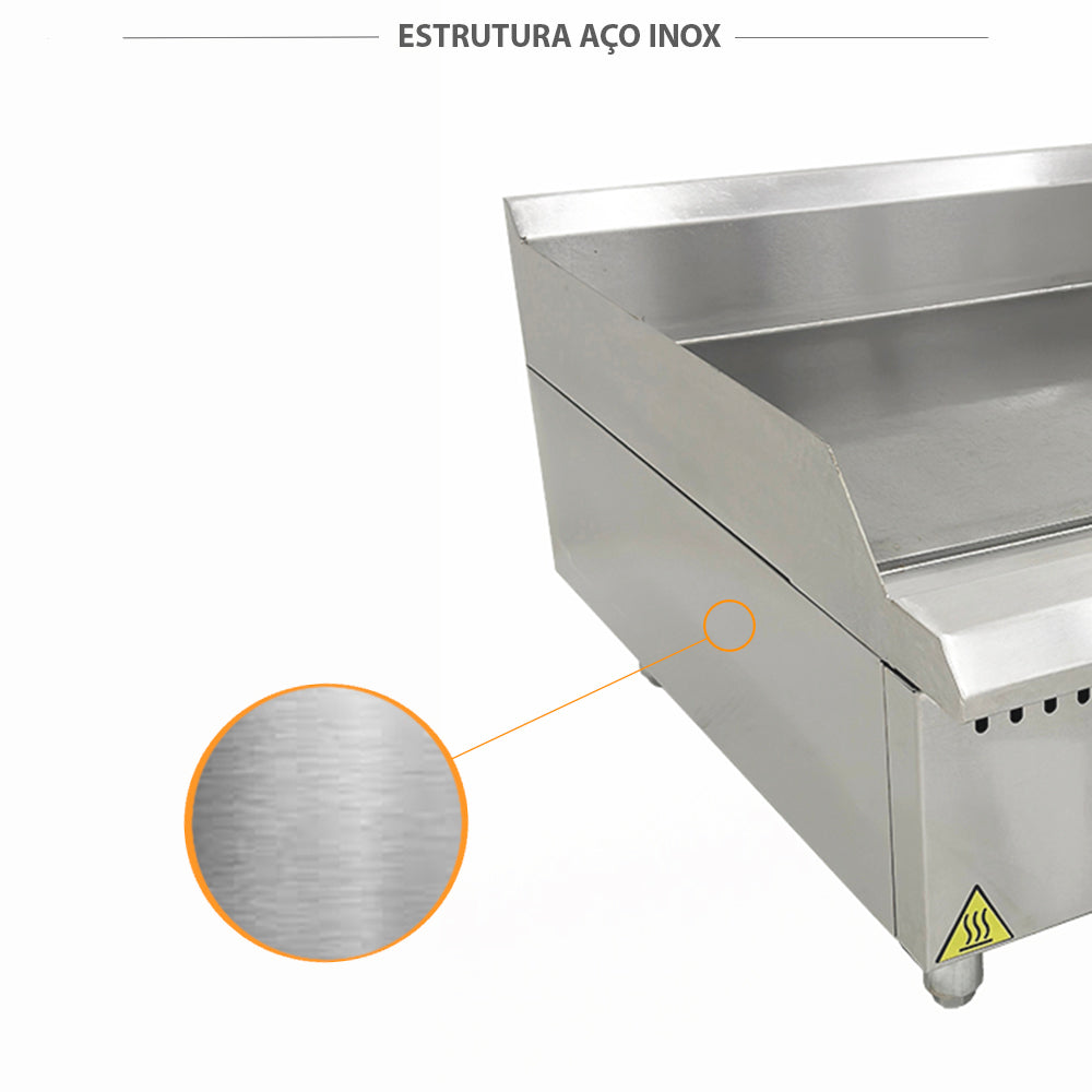 Estrutura e corpo em aço inoxidável da chapa bifeteira profissional a gás Venâncio PCM090G, evidenciando a facilidade de limpeza e resistência à corrosão em ambientes comerciais.