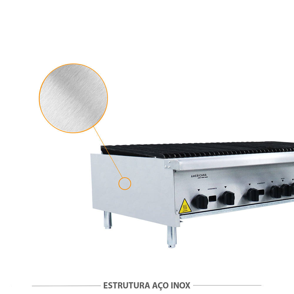 Corpo em aço inox da chapa charbroiler Venâncio CGG120 a gás, resistente e fácil de limpar para uso profissional
