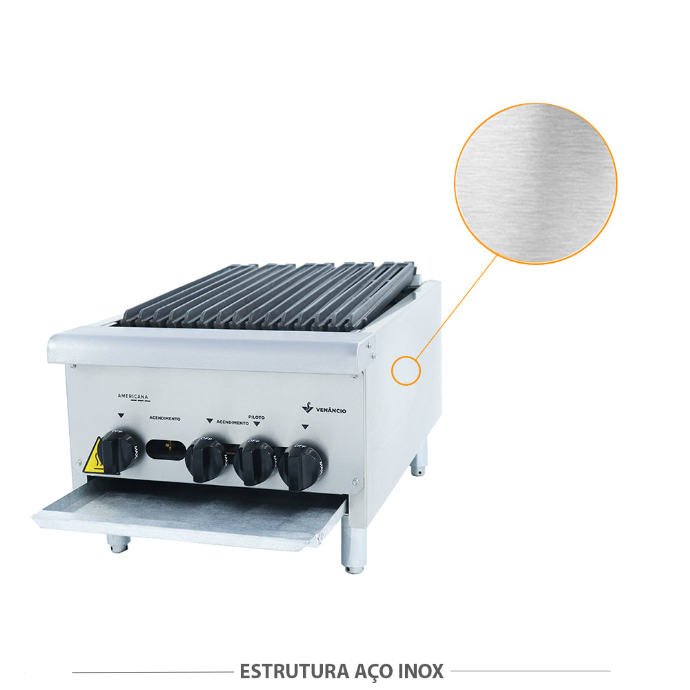 Corpo em aço inox da chapa charbroiler Venâncio CGG45 a gás, fácil de limpar e resistente para uso profissional