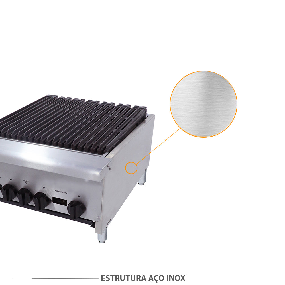 Corpo em aço inox da chapa charbroiler Venâncio CGG60 a gás, facilitando a limpeza e aumentando a vida útil do equipamento