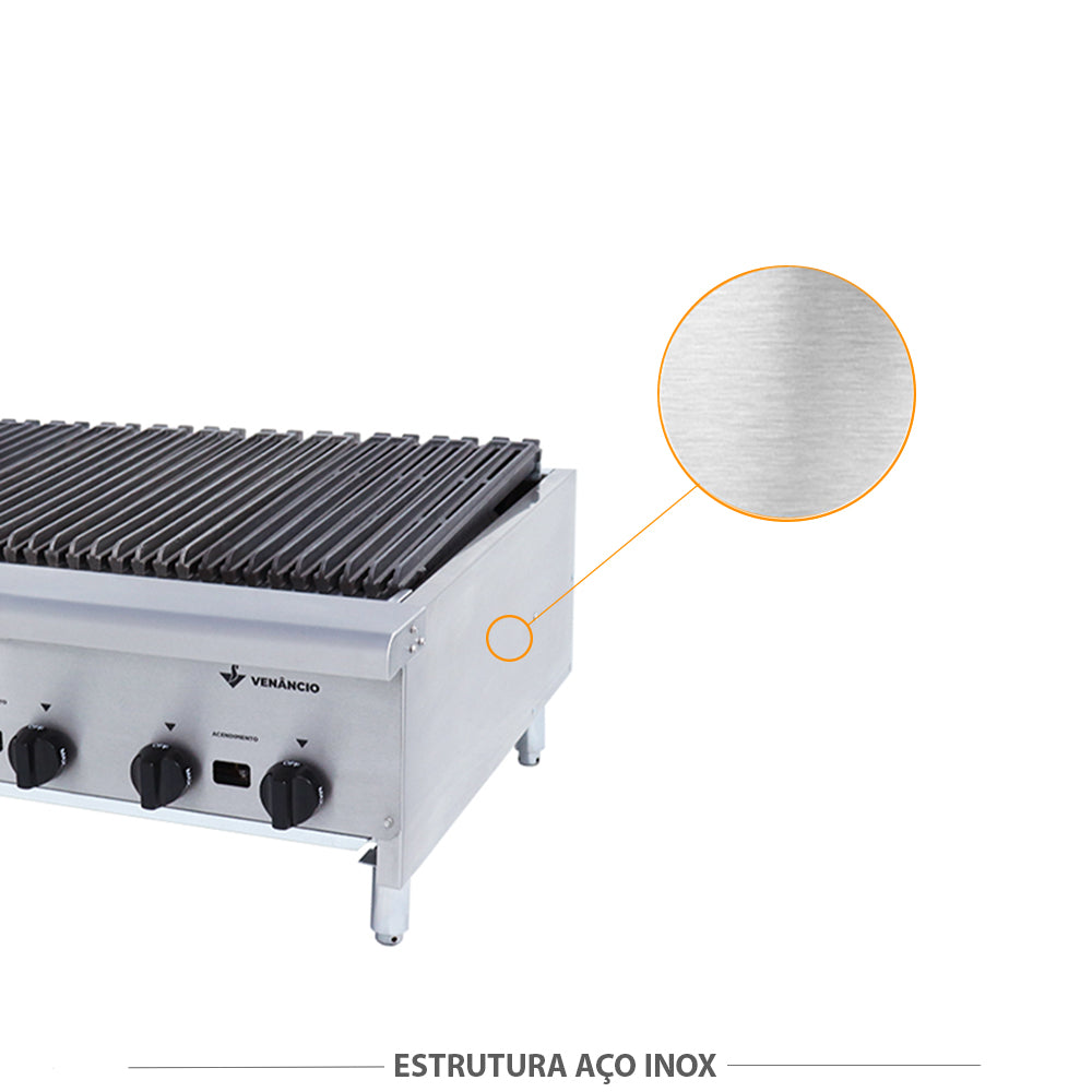 Corpo em aço inox da chapa charbroiler Venâncio CGG90 a gás, resistente e fácil de limpar para cozinhas profissionais