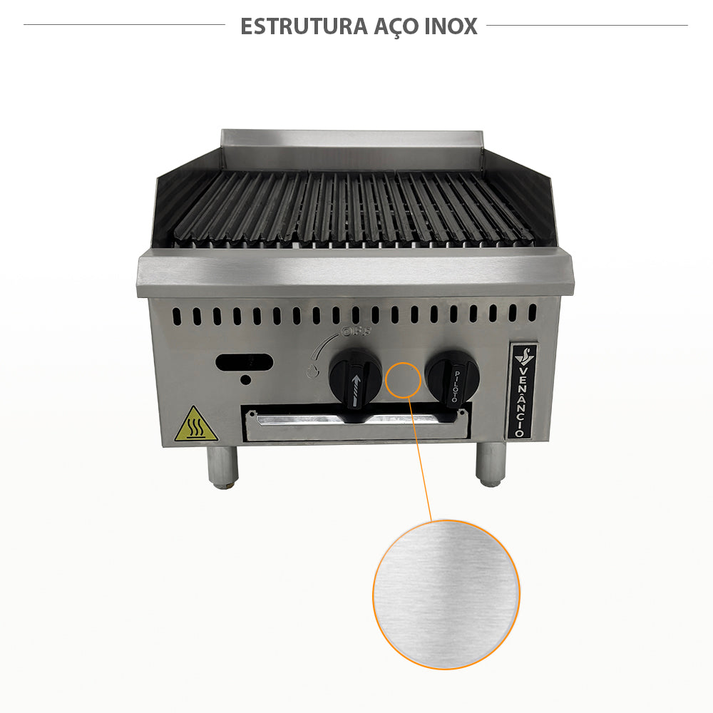 Corpo em aço inox da chapa grill char broiler Venâncio PCG045G, resistente e fácil de limpar para uso profissional