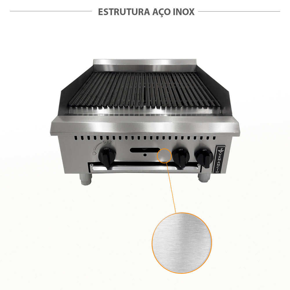 Corpo em aço inox da chapa grill char broiler Venâncio PCG060G, resistente e fácil de limpar para uso profissional