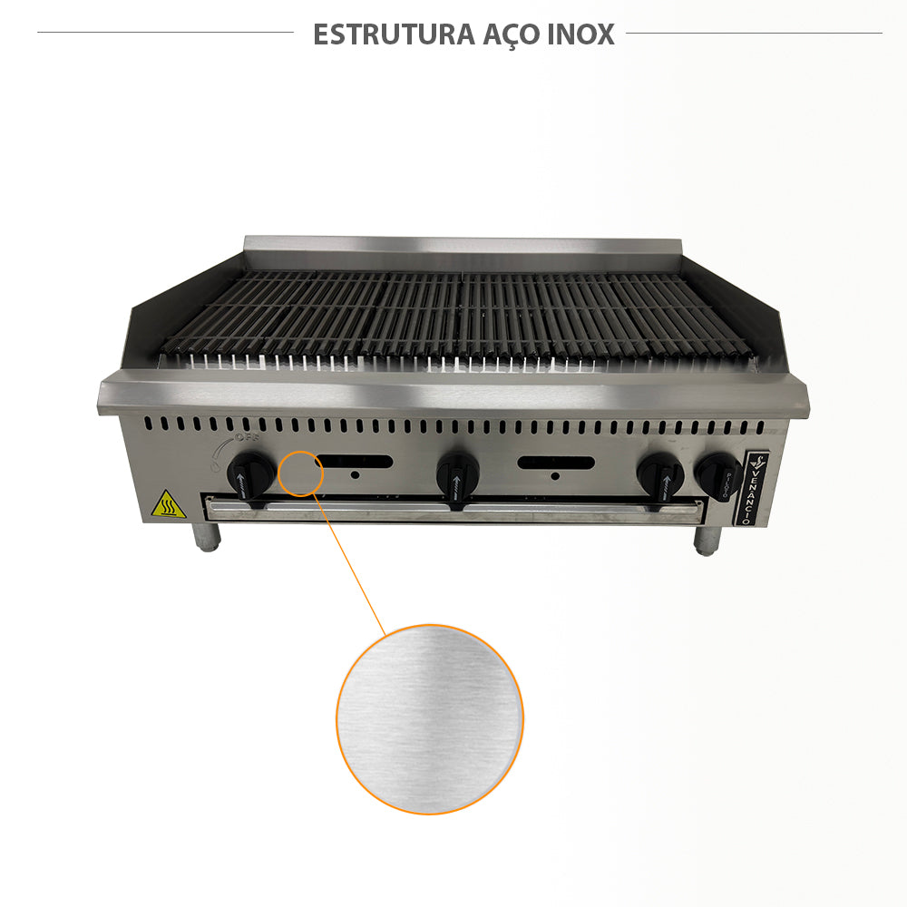 Corpo em aço inox da chapa grill char broiler Venâncio PCG090G a gás, resistente e de fácil limpeza