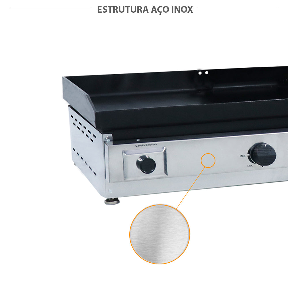 Corpo em aço inox da chapa sanduicheira Venâncio C80P a gás, garantindo higiene e resistência para food trucks