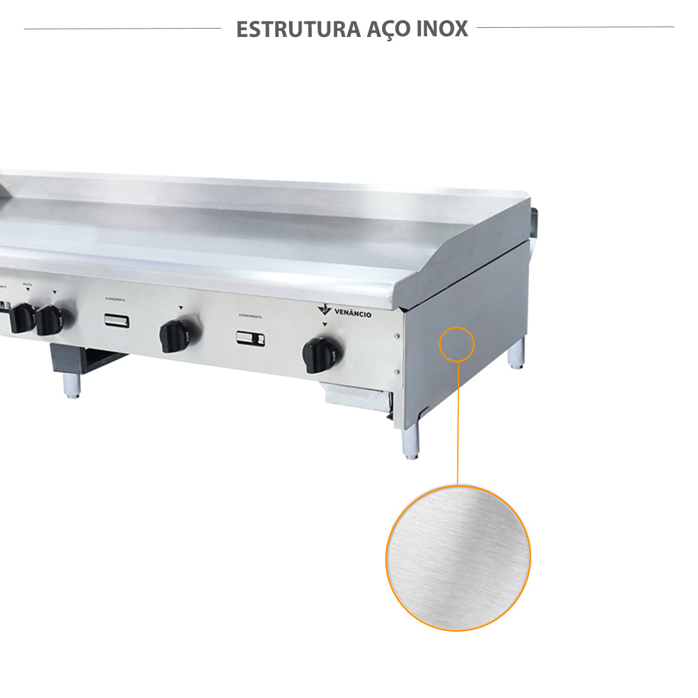 Corpo em aço inox da chapa bifeteira Venâncio CG150 a gás, fácil limpeza e resistente para uso profissional intenso