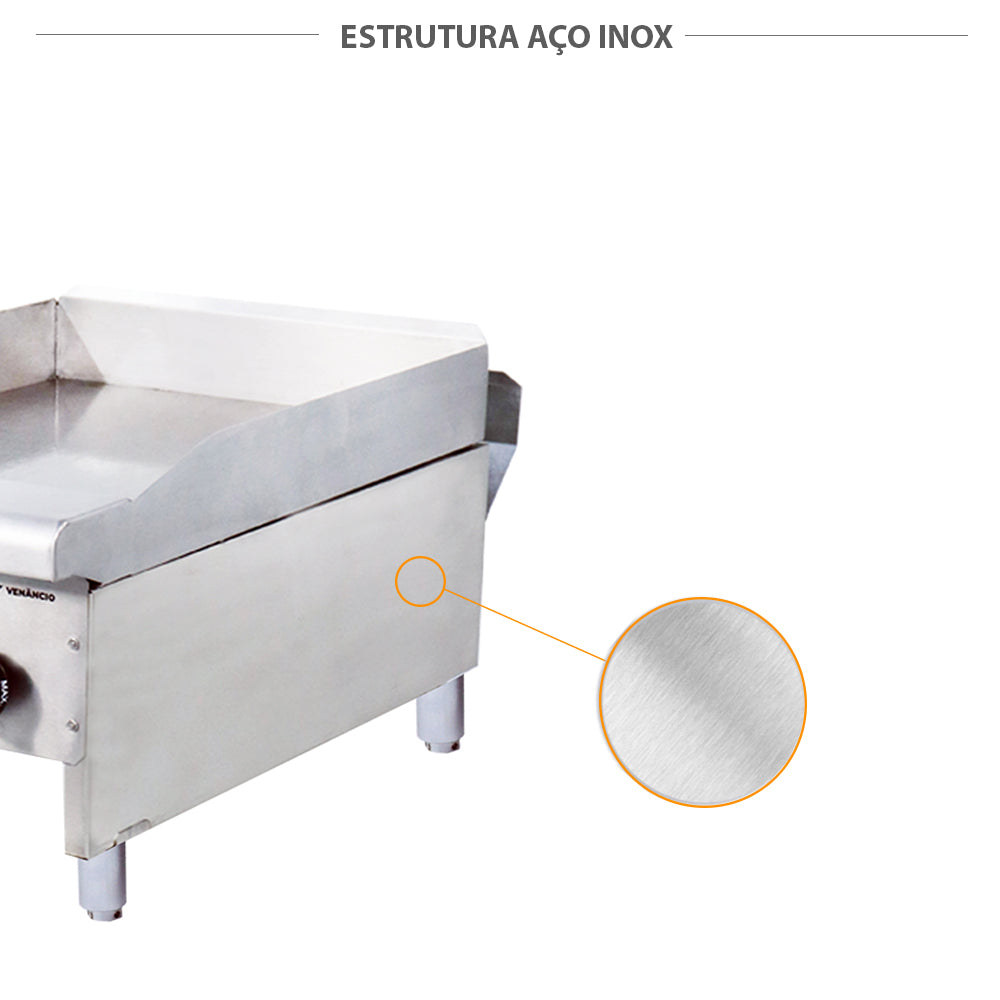  Corpo em aço inox da chapa bifeteira Venâncio CG45 a gás, fácil limpeza e resistência para uso profissional
