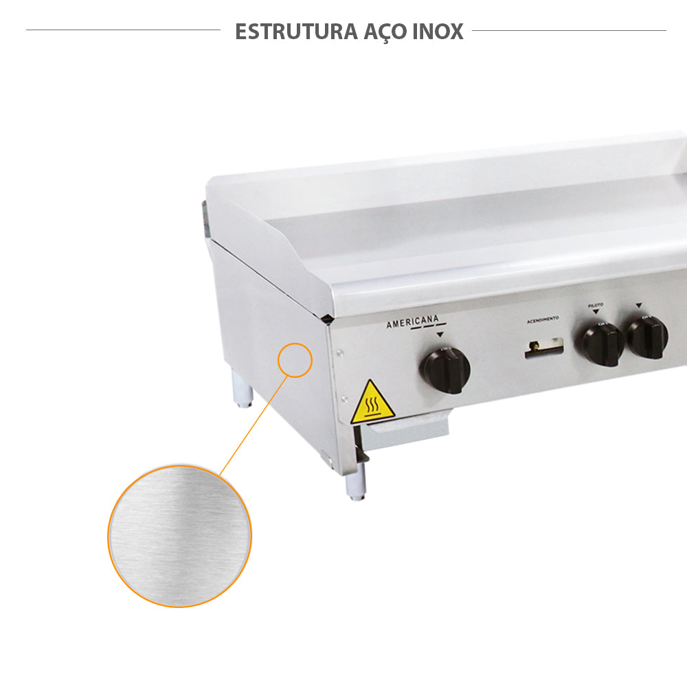 Corpo em aço inox da chapa bifeteira Venâncio CG90 a gás, fácil limpeza e resistente para uso profissional intenso