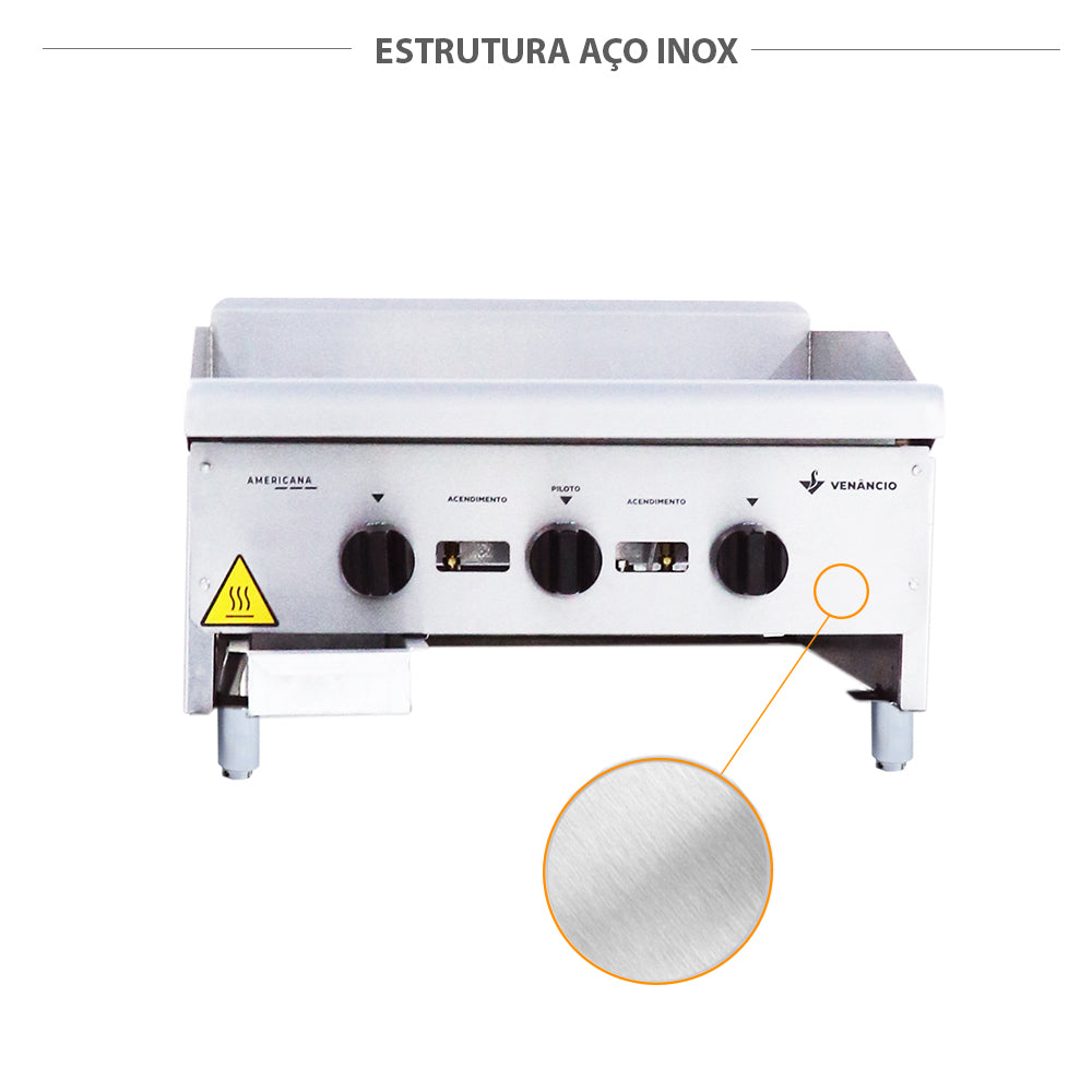 Corpo em aço inox da chapa bifeteira Venâncio CG60 a gás, fácil limpeza e resistente para uso profissional