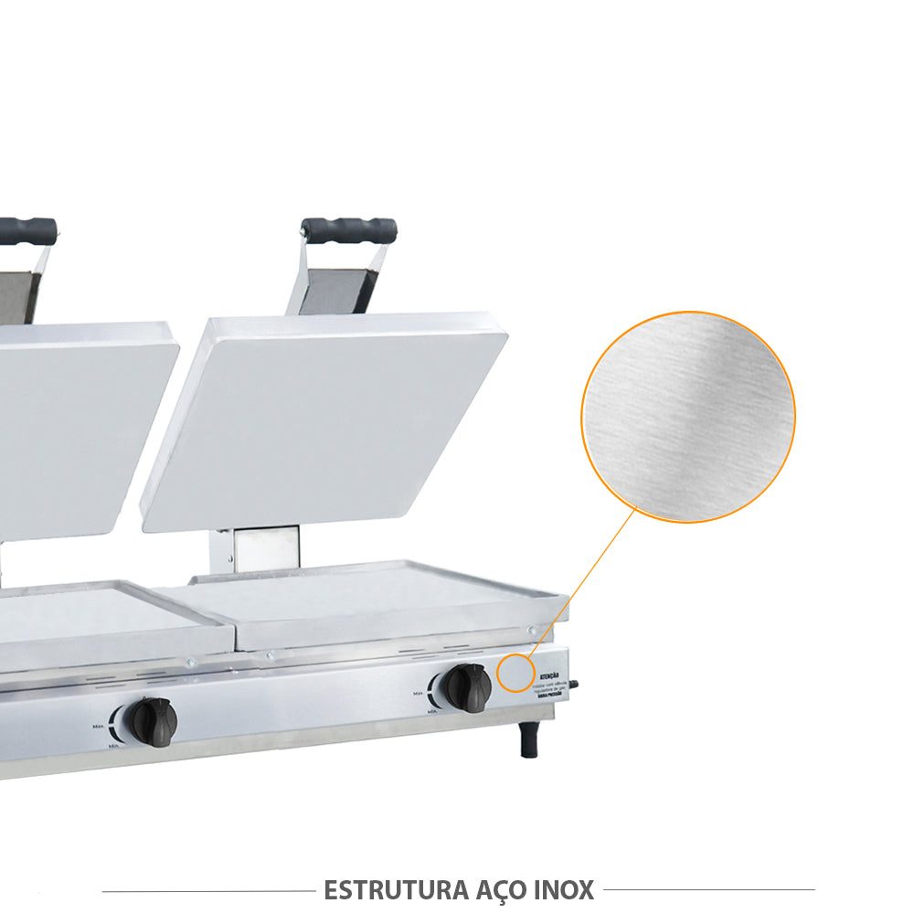 Corpo em aço inox da sanduicheira conjugada a gás Venâncio SCG90A2P, garantindo durabilidade e fácil limpeza