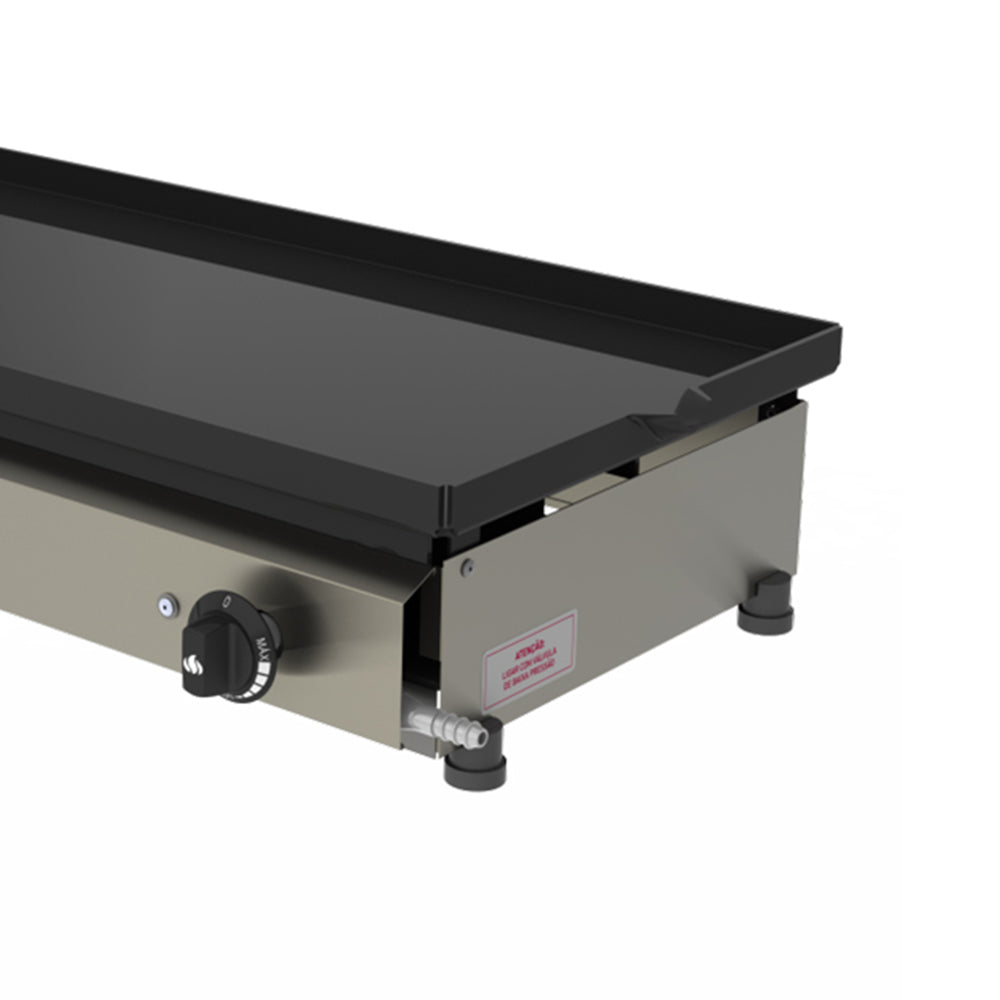 Detalhe dos botões de controle de temperatura da Chapa Lanche Bifeteira a Gás Progás PR-750 G Inox.