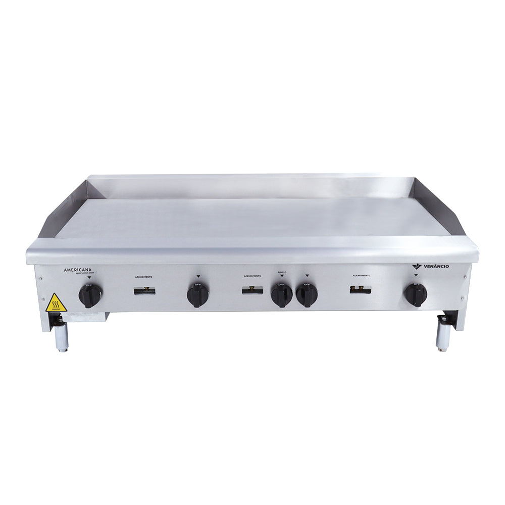 Detalhes da chapa bifeteira industrial a gás Venâncio 120cm CG120 com acabamento em inox