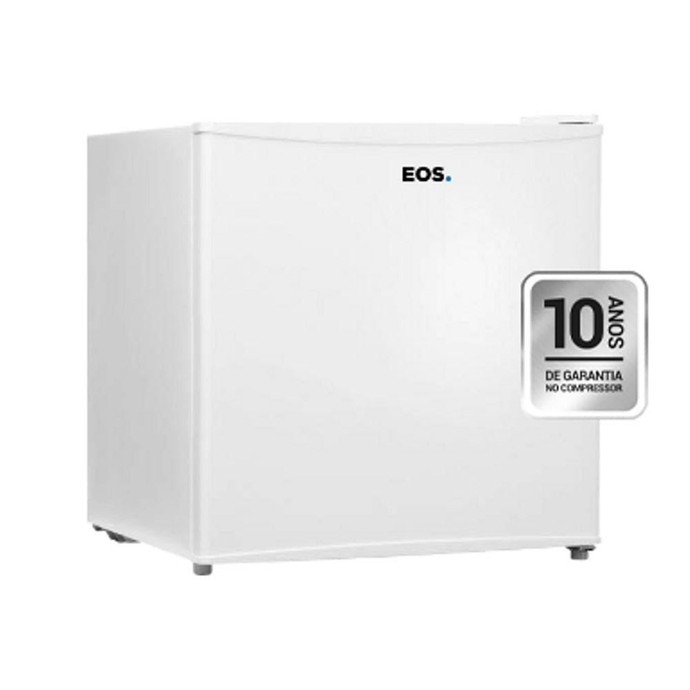 Detalhes do Frigobar EOS Ice Compact 47L branco: pés ajustáveis, porta reversível, selo classe A de eficiência e painel de temperatura manual.
