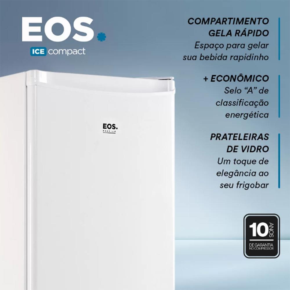 Detalhes do Frigobar EOS Ice Compact 71L branco 220V: pés ajustáveis, porta reversível e gabinete interno em aço pré-pintado resistente.