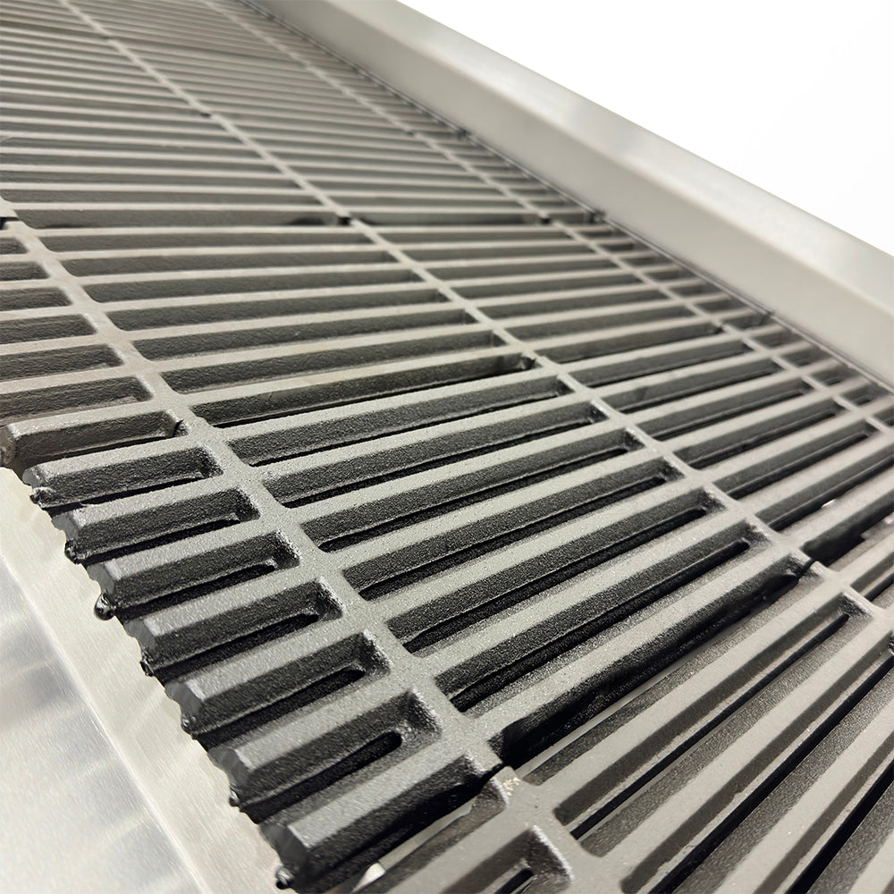 Detalhes da grelha de ferro fundido do char broiler Venâncio PCG045G, ideal para marcas de grelhado perfeitas