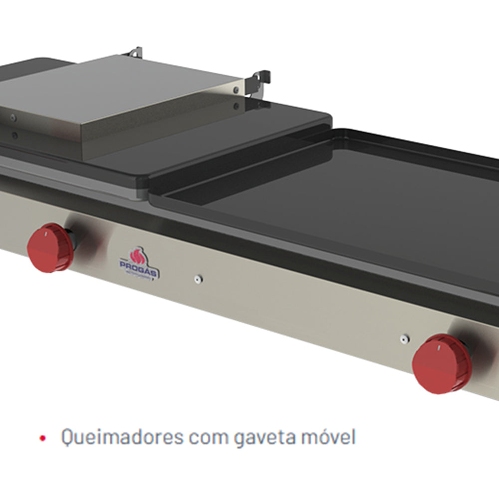  Detalhes da sanduicheira dupla Progas PR-950 G a gás, incluindo acabamento em aço inox e prensa