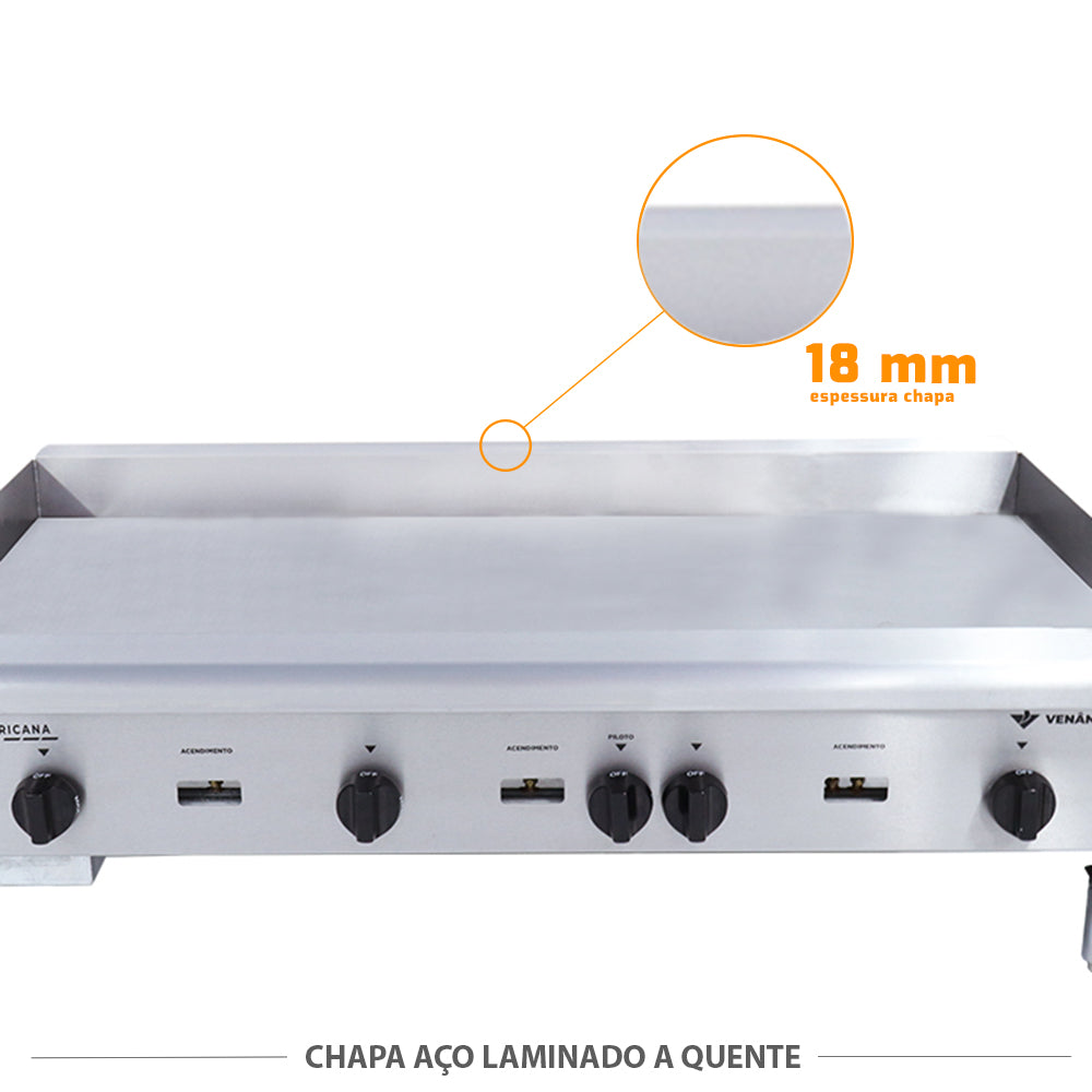 Detalhe da chapa de aço laminado a quente de 18mm da bifeteira Venâncio CG120, alta durabilidade e retenção de calor superior
